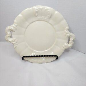 Antique White Ceramic Serving Plate With Ornate Handles & Embossed Details
